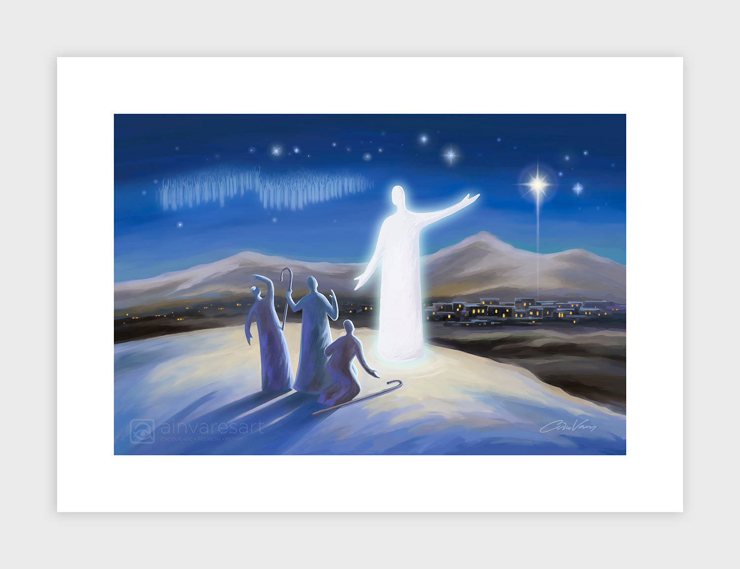 Prophetic Art Print "Angel Proclaims the Good News" Luke 2:8-14, Ain Vares Art