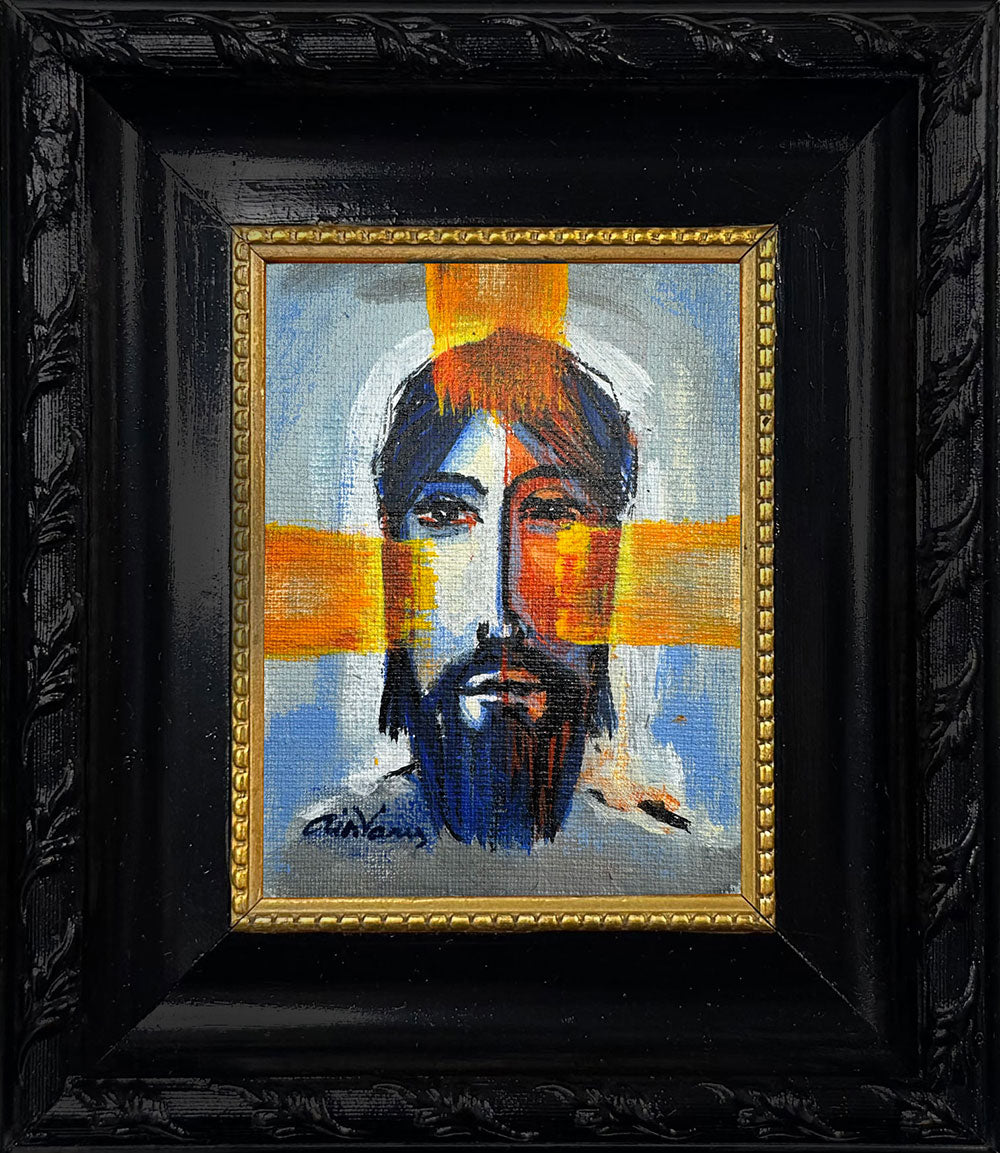 Jesus portrait triptych painting by Ain Vares, acrylic on canvas board