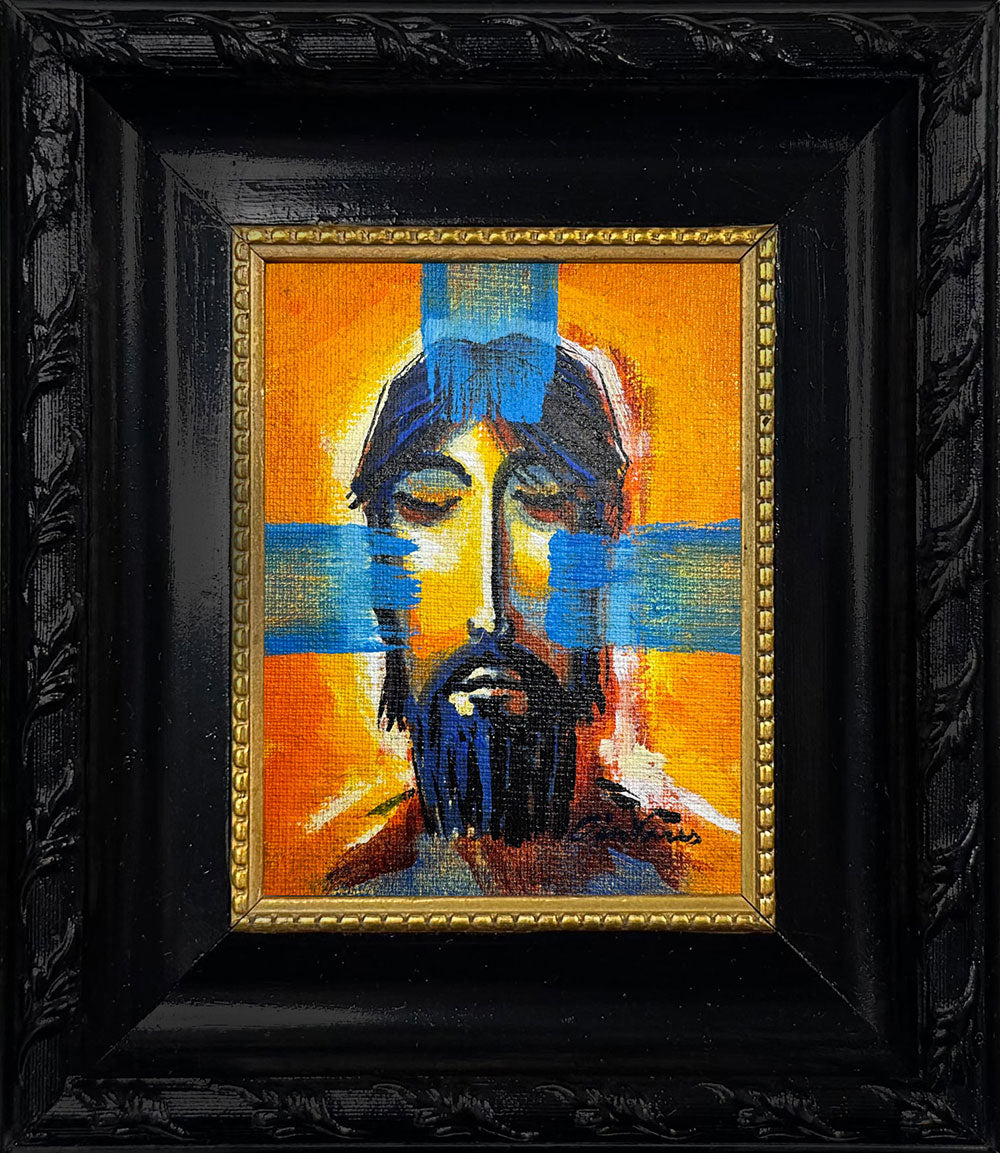 Jesus portrait triptych painting by Ain Vares, acrylic on canvas board