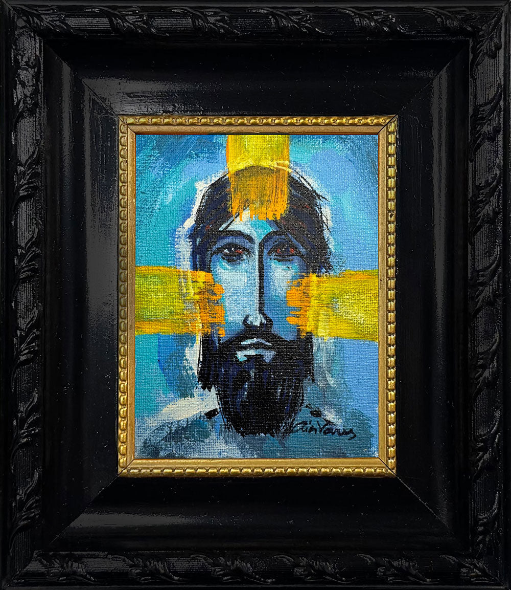 Jesus portrait triptych painting by Ain Vares, acrylic on canvas board