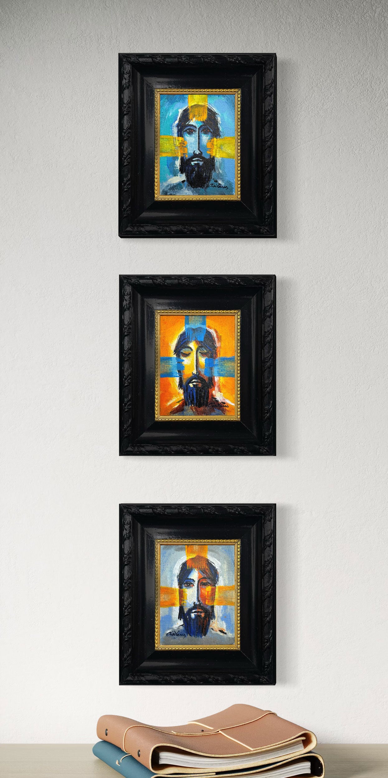 Jesus portrait triptych painting by Ain Vares, acrylic on canvas board