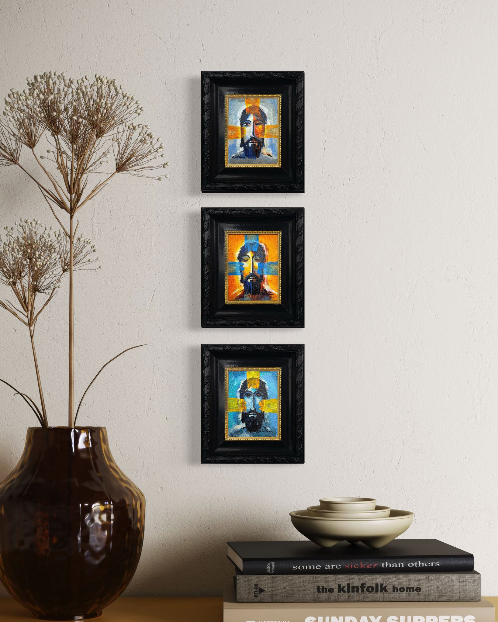 Jesus portrait triptych painting by Ain Vares, acrylic on canvas board