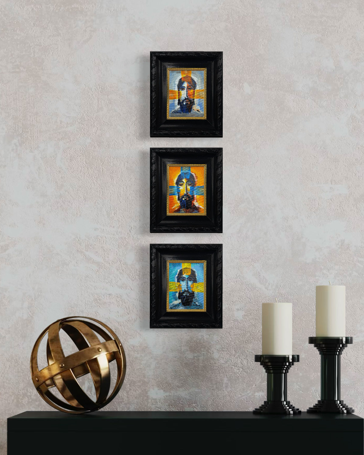 Jesus portrait triptych painting by Ain Vares, acrylic on canvas board