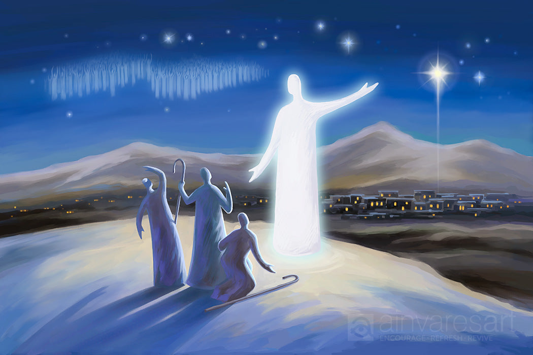 Prophetic Art Print &quot;Angel Proclaims the Good News&quot; Luke 2:8-14, Ain Vares Art